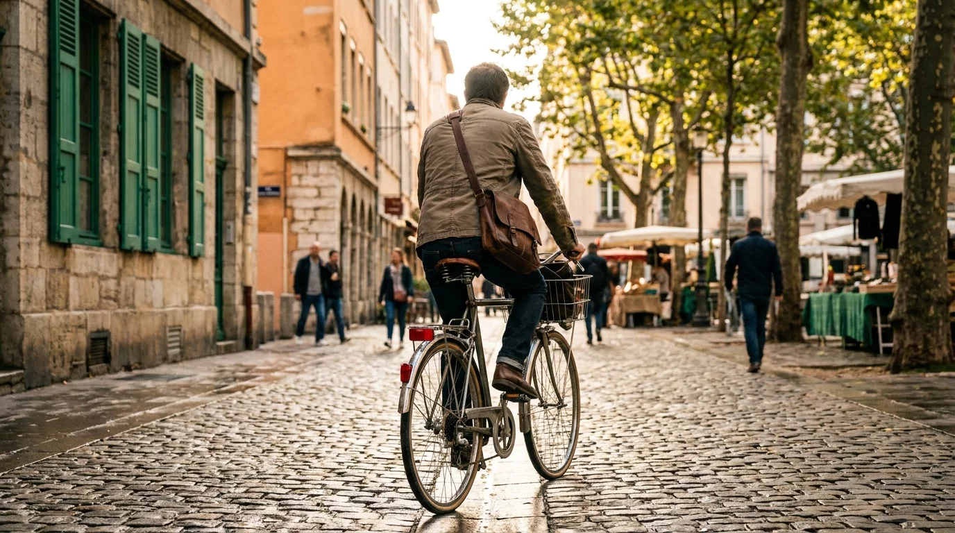 Cycliste urbain traversant une rue de Lyon sur un velo de ville