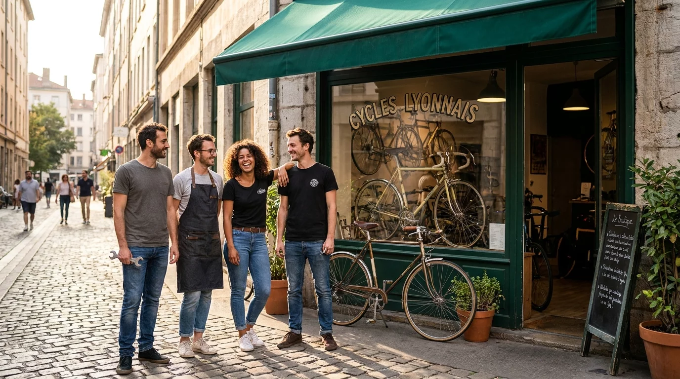 Equipe de conseillers velo devant la boutique lyonnaise