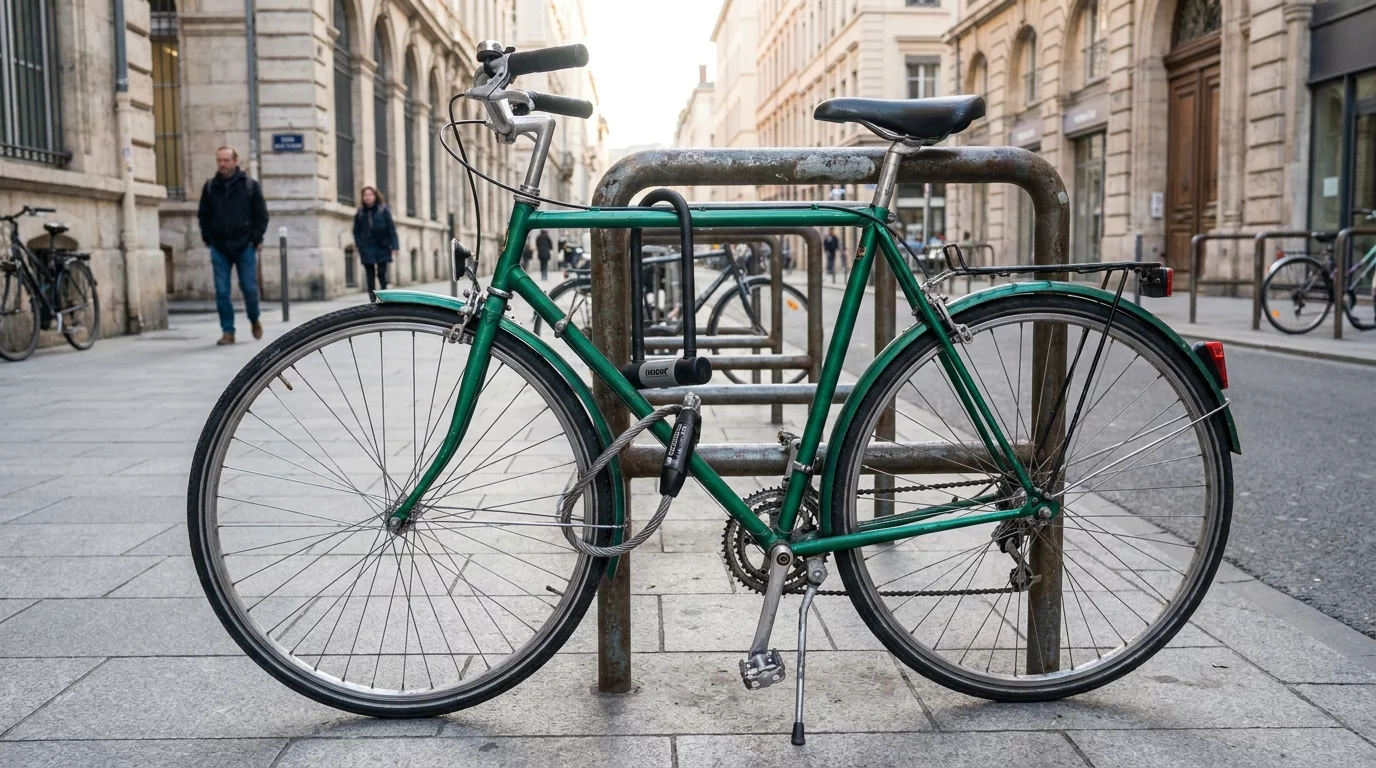Velo bien attache a un arceau avec antivol U